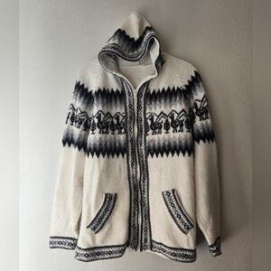 100% Alpaca Wool From Peru, Black and White Hooded Zip-Up Cardigan, Size L
